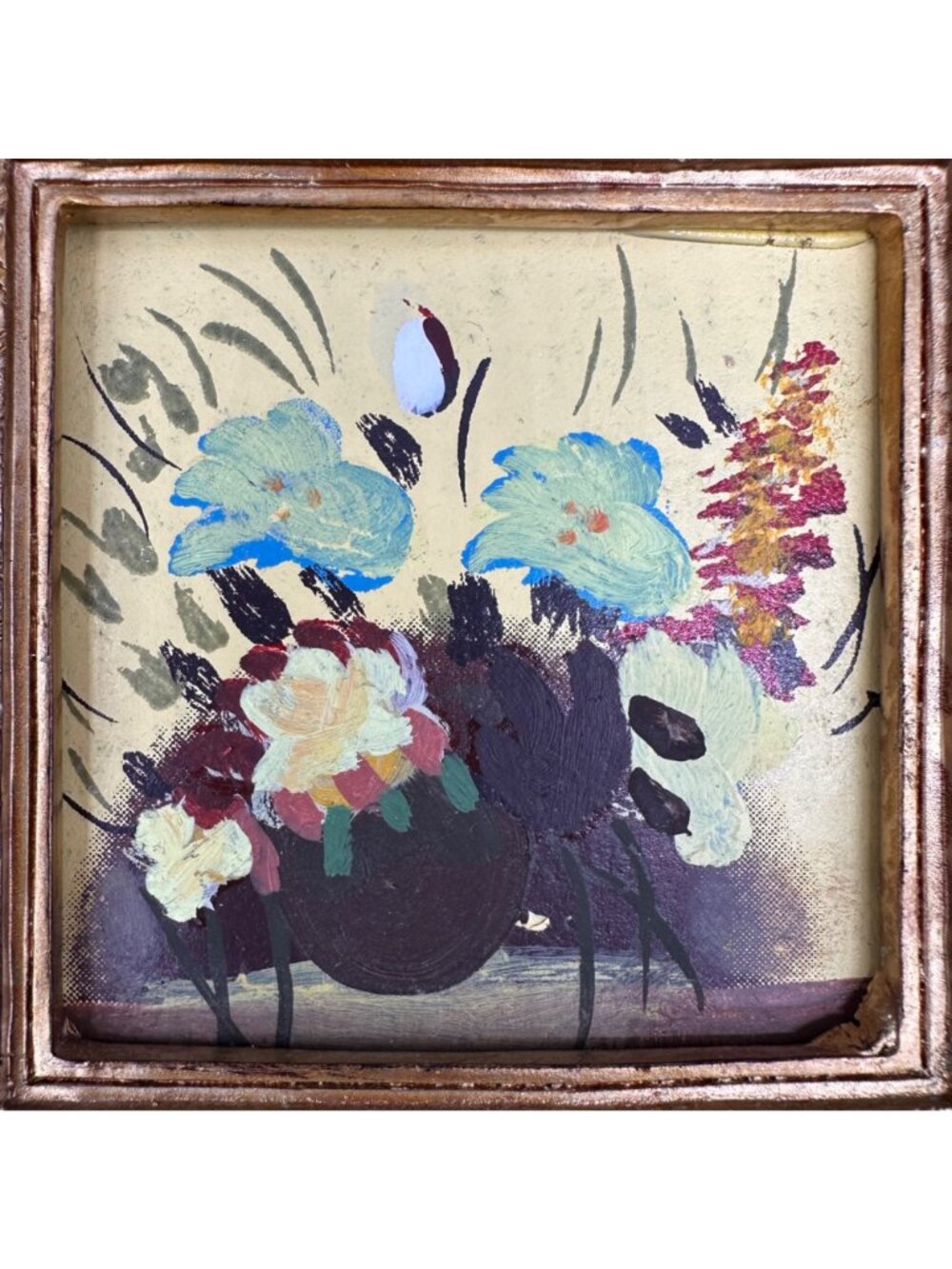 Vintage Miniature Floral Painting Ornate Gold Frame Wall Hanging Blue Flowers - Picture 5 of 10